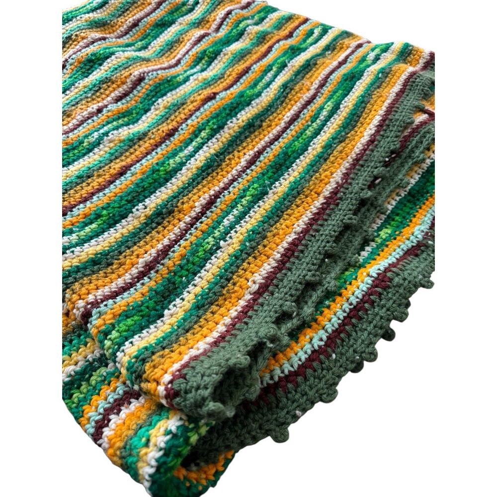 Vintage Handmade Crochet Afghan Blanket Green Gold Brown Striped ~54x84 Bobble